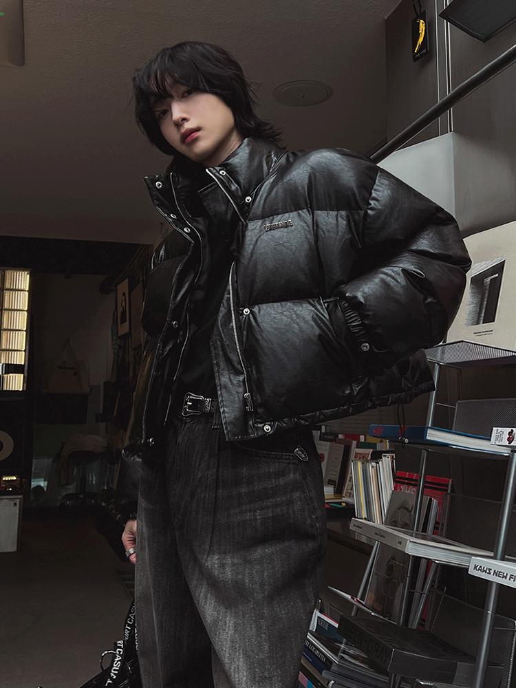 Korean Mens Winter Fashion: Glossy Black Leather Puffer: Edgy Meets Practical