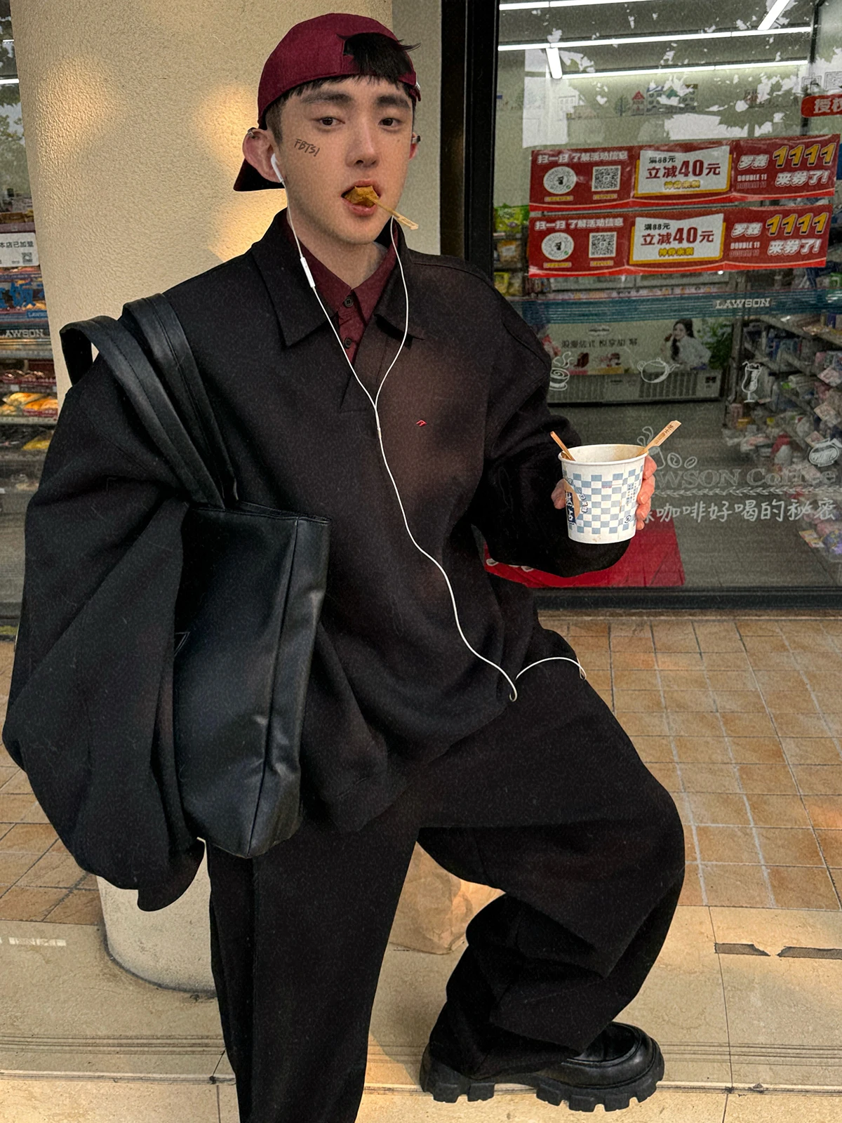 korean men's fashion: Oversized Jacket + Baggy Pants + Burgundy Cap + Chunky Black Platform Shoes + Inner Shirt