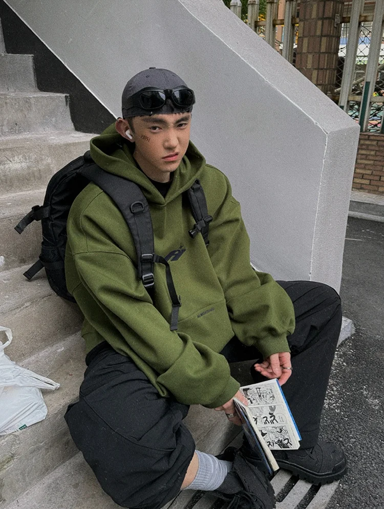 korean men's fashion: Oversized Hoodie + Black Cargo Pants + Cap + Chunky Black Shoes + Sunglasses