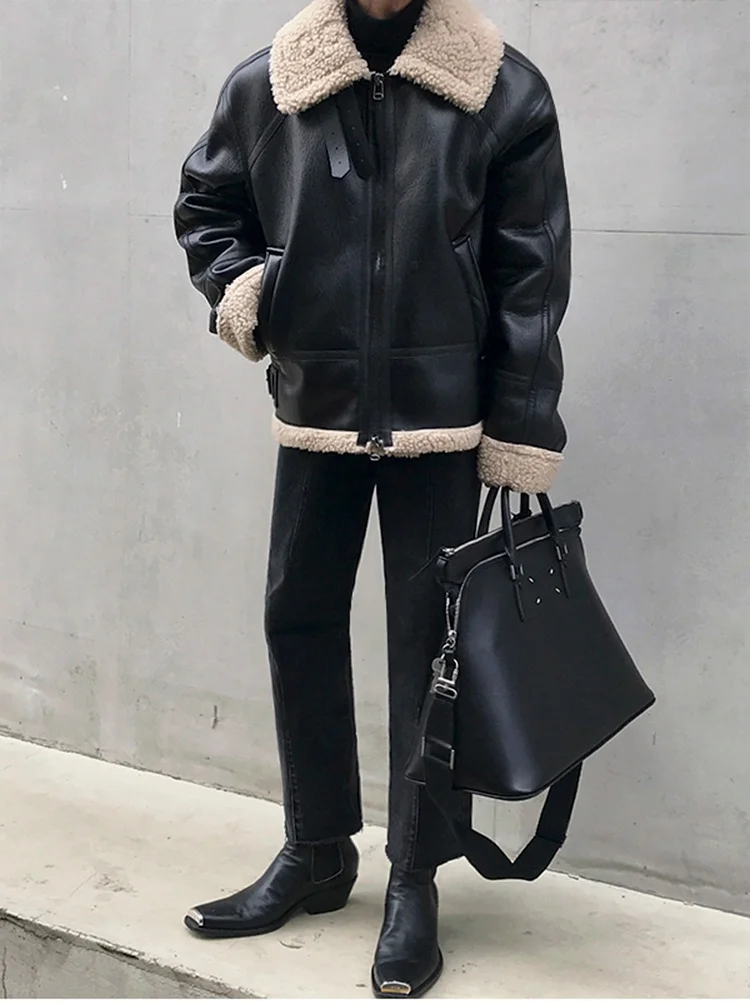 korean men's fashion: Bold Korean Winter Streetwear Outfit with Leather Shearling Jacket + Monochrome Details