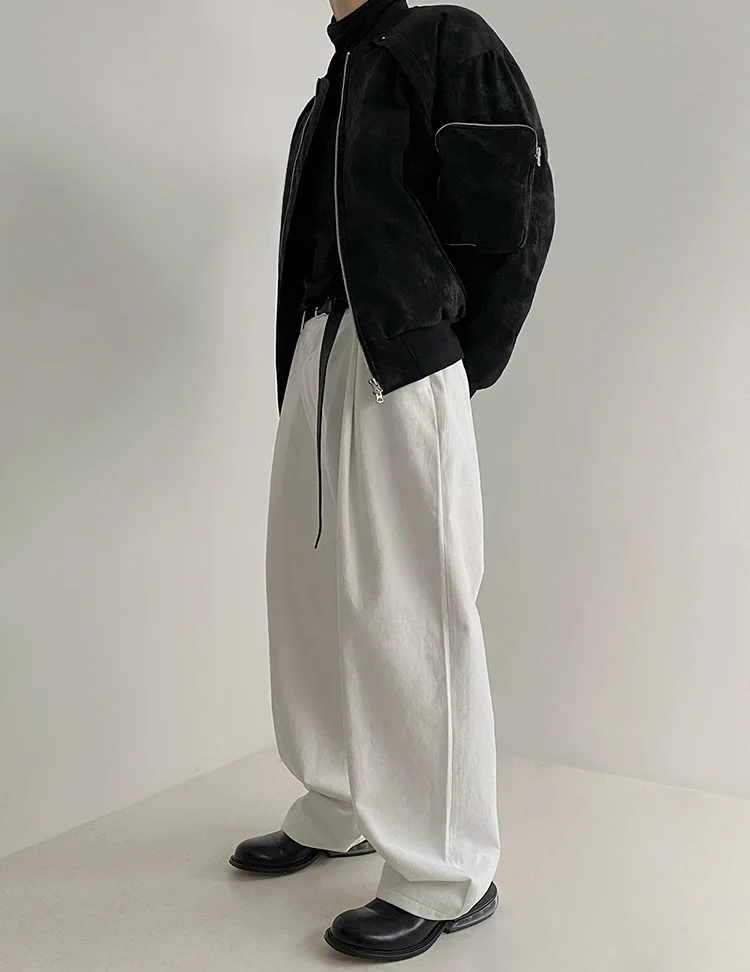 korean men's fashion: Modern Korean Minimalist Outfit with Black Bomber Jacket + Wide-Leg White Trousers