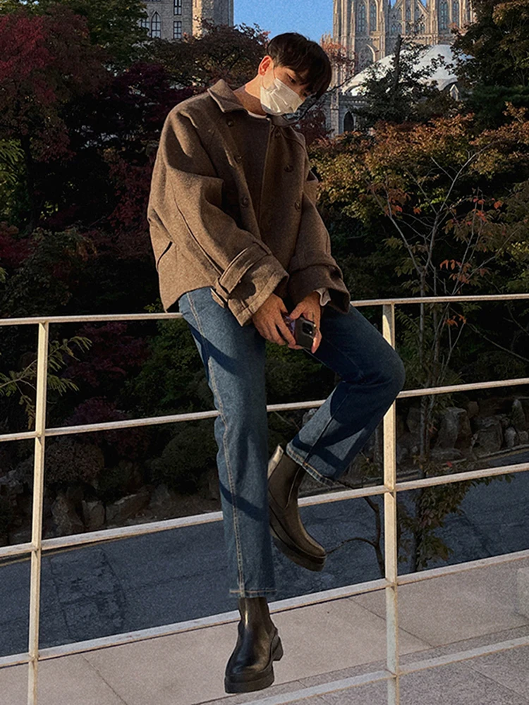 korean men's fashion: Classic Korean Autumn Streetwear with Oversized Wool Jacket + Denim