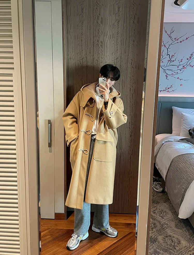 korean men's fashion: Trendy Korean Winter Outfit with Camel Duffle Coat and Relaxed Styling