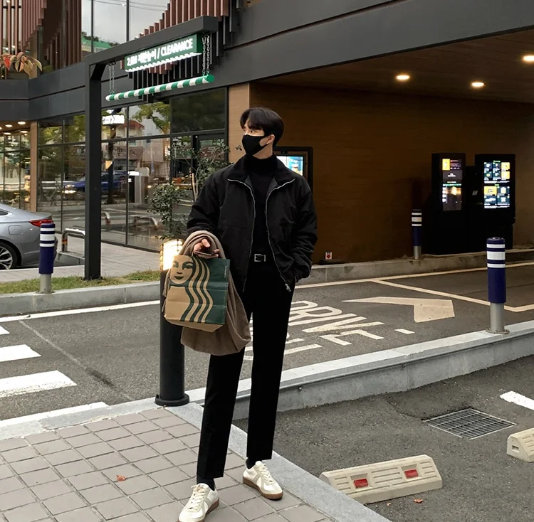 korean men's fashion: Sophisticated Korean Streetwear Outfit with All-Black Base + Casual Sneakers