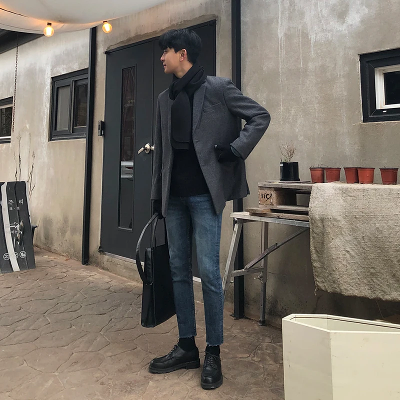 Korean Men's fashion: Tailored Gray Blazer + Cozy Black Sweater + Scarf