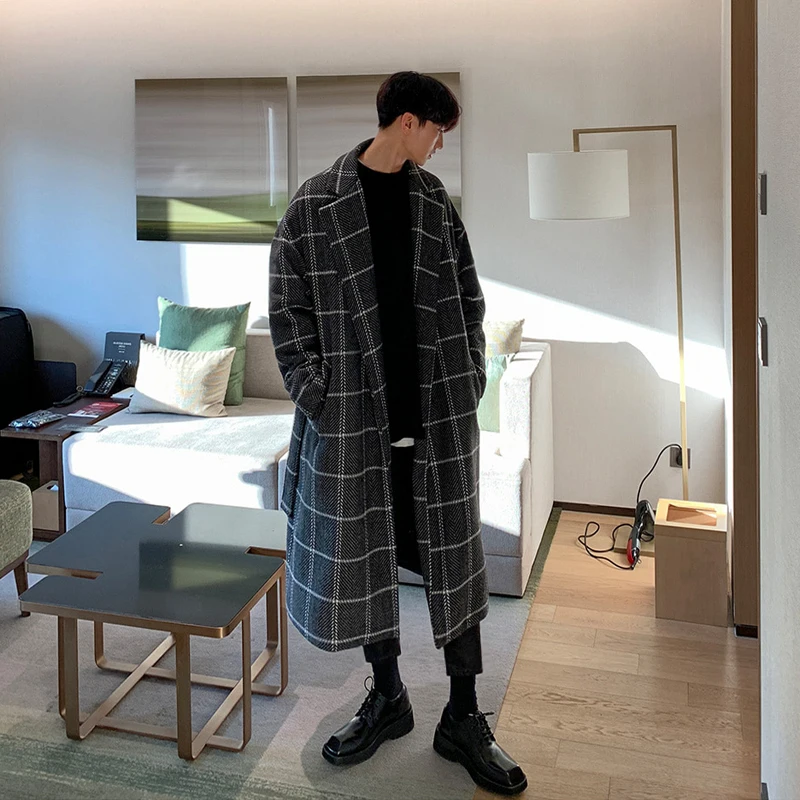 Korean Men's fashion: Statement Long Plaid Coat + Classic Black Sweater + Cropped Trousers