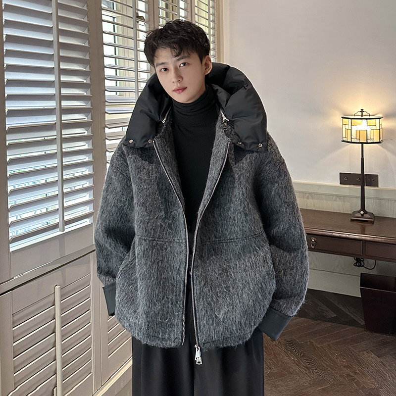 Korean Men's fashion: Textured Gray Wool Jacket + Stylish High-Neck Puffer Hood + Relaxed-Fit Black Trousers