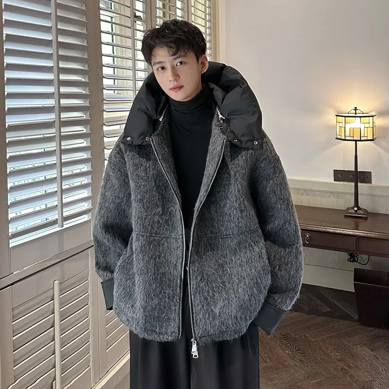 Korean Men's fashion: Textured Gray Wool Jacket + Stylish High-Neck Puffer Hood + Relaxed-Fit Black Trousers