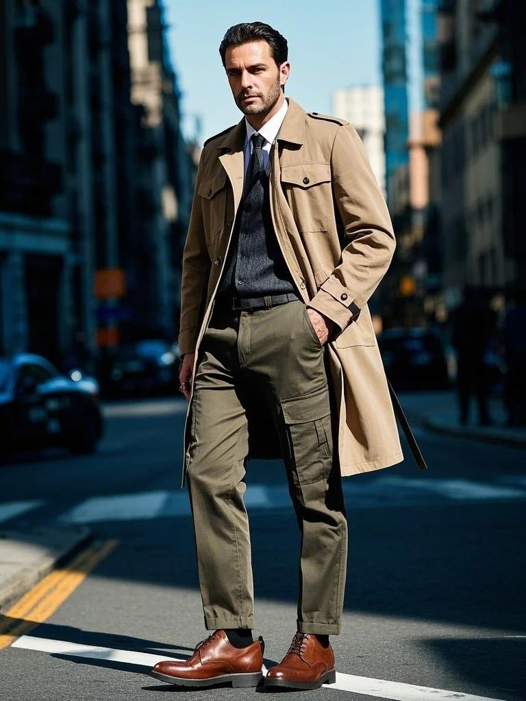 Trench Coat Elegance + Olive Green Cargo Pants + Business Casual Menswear