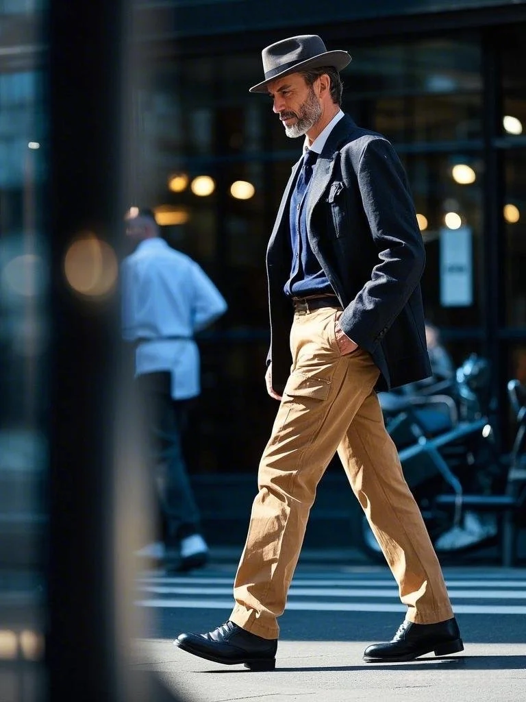 Classic Gentleman Style + Modern Business Casual with Tan Cargo Trousers + Men's Fashion Elegance