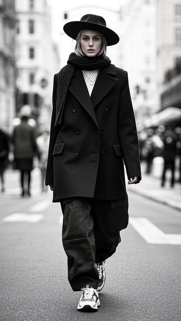 Black Oversized Wool Coat with Black Scarf + Black Cargo Trousers + Wide-Brim Hat + Sneakers