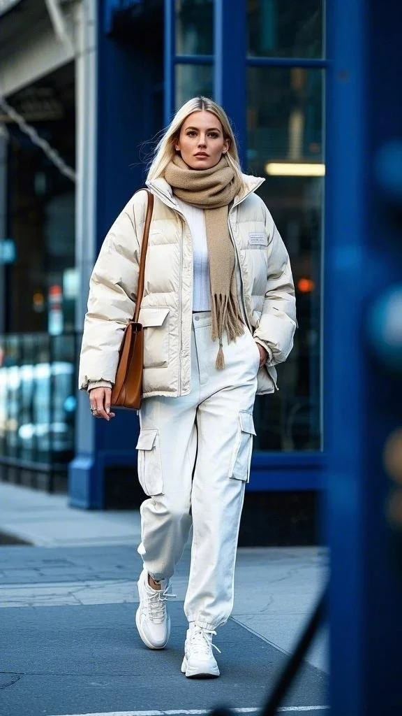 Subtly Colored Scarf with Puffer Jacket + Cargo Trousers + White Sneakers