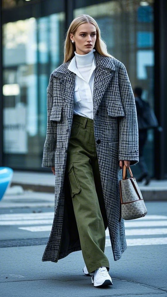 Long Gray Plaid Wool Coat + Pristine White Turtleneck + Olive Cargo Trousers + White Sneakers