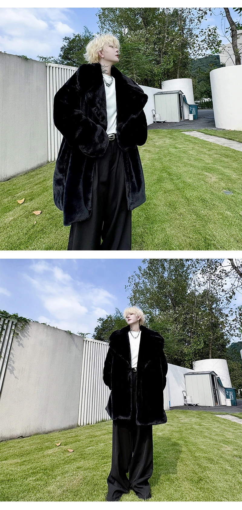 korean men's fashion: Oversized Black Faux Fur Coat Paired With Wide-Leg Black Trousers + Classic White Turtleneck