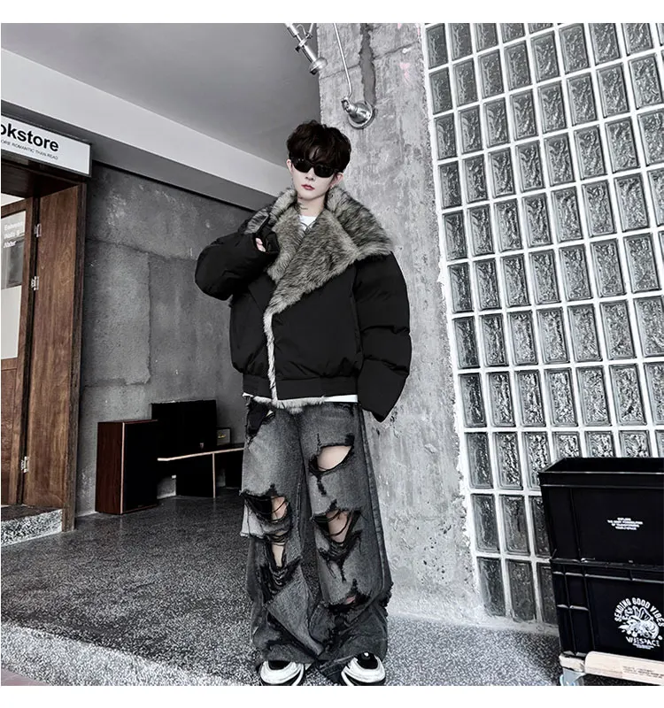 korean men's fashion: Bold Black Puffer Jacket with A Statement Fur-Lined Collar + Distressed Baggy Jeans + Chunky Sneakers And Sleek Sunglasses