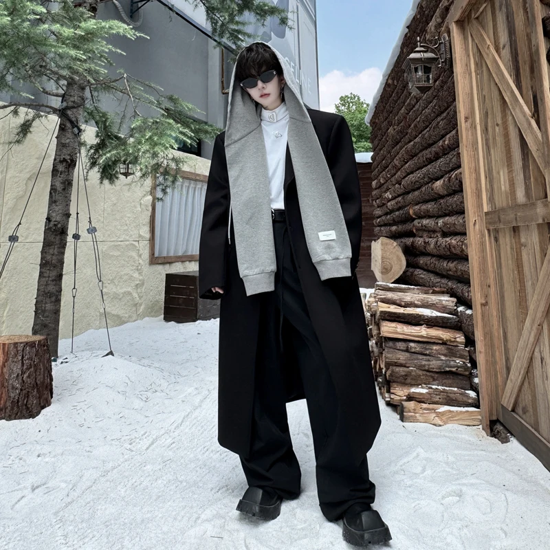 korean men's fashion: Oversized Black Wool Coat + Relaxed Wide-Leg Black Pants + Soft Gray Scarf