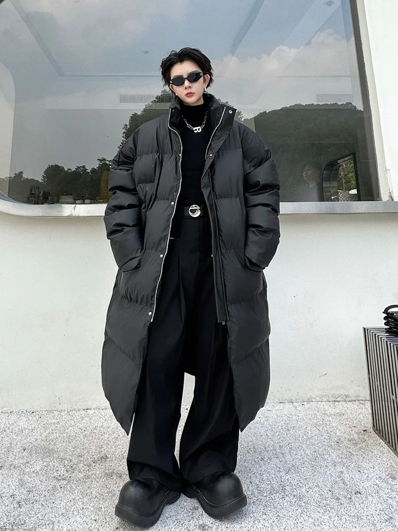 korean men's fashion: Long Black Overcoat + White Shirt + Sunglasses + Chunky Black Shoes