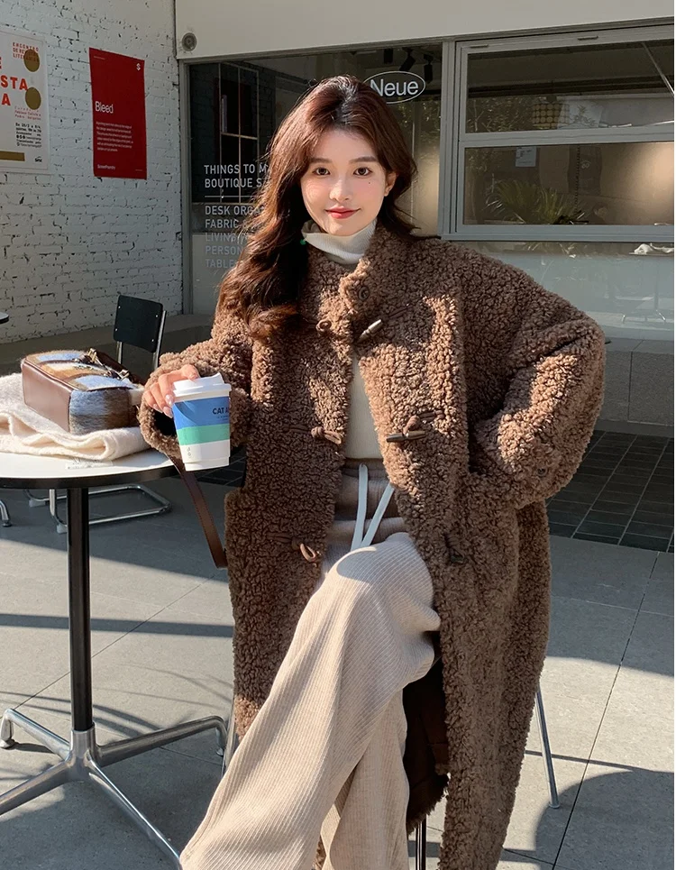 Korean women's fashion: Cozy Brown Teddy Coat + Neutral-Toned Corduroy Pants + Classic White Turtleneck