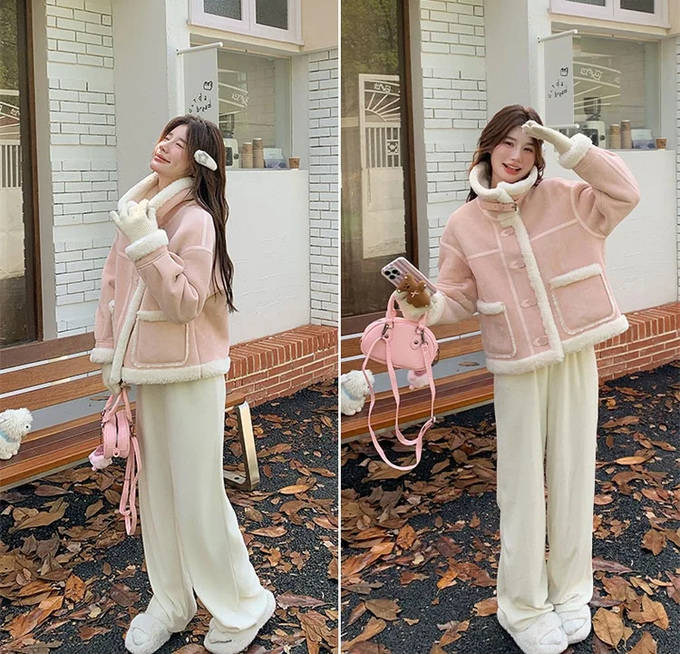 Korean women's fashion: Pink Shearling Jacket + Cream Wide-Leg Pants + Fluffy Slippers