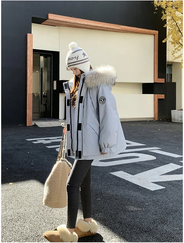 Korean women's fashion: Light Blue Fur-Trimmed Winter Parka + Grey Leggings + Fluffy Slippers