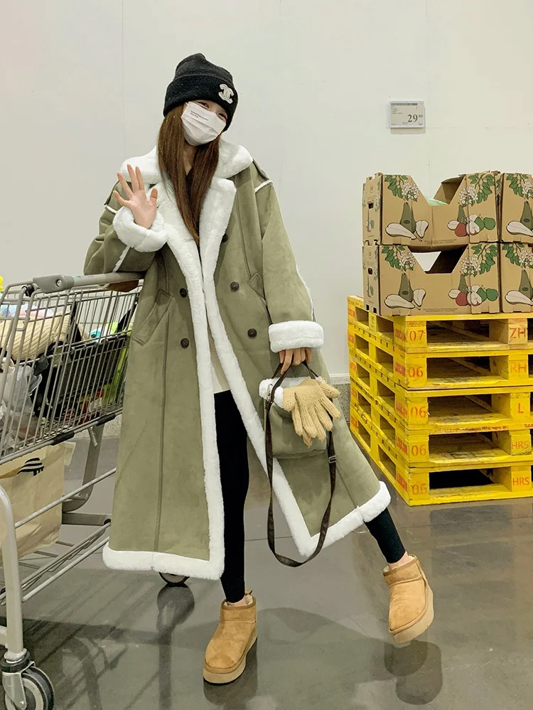 Korean women's fashion: Olive Green Shearling Long Coat + Black Leggings + Beige Suede Ankle Boots