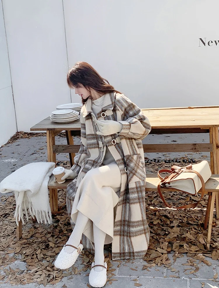 Korean women's fashion: Plaid Wool Long Coat + Cream Knit Dress + White Knit Flats