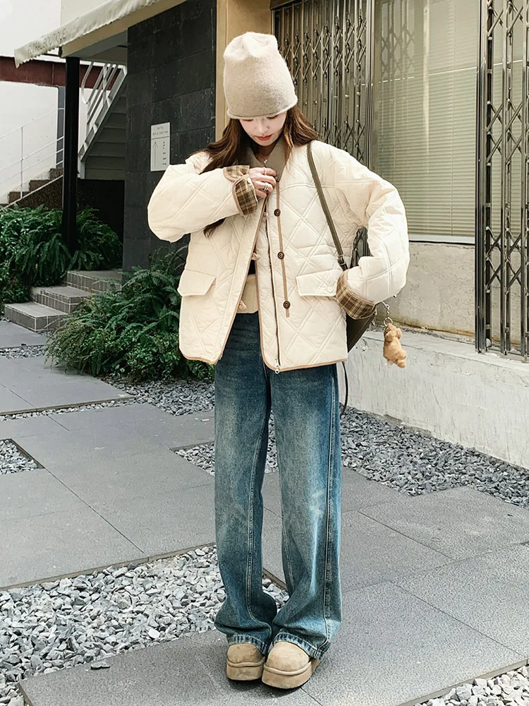 Korean women's fashion: Cream Quilted Jacket + Wide-Leg Denim Jeans + Beige Knit Beanie