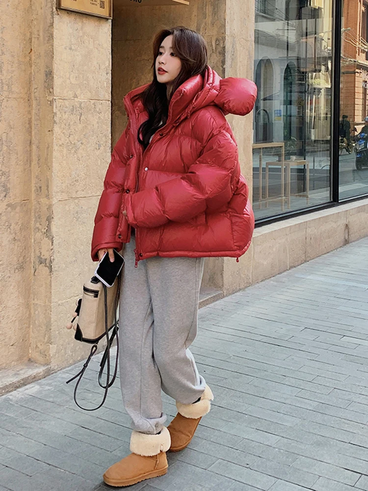 Korean women's fashion: Red Puffer Jacket + Grey Sweatpants + Fur-Lined Ankle Boots