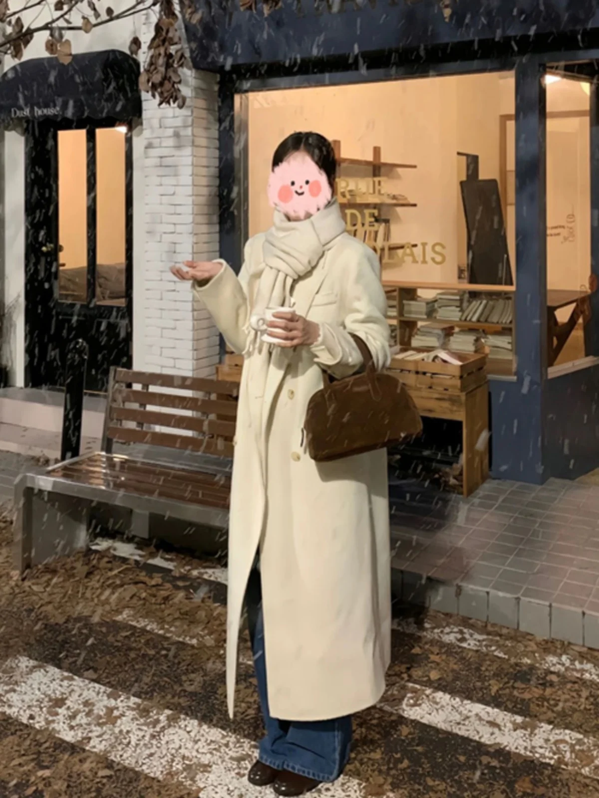 Korean women's fashion: Cream Long Wool Coat + Blue Wide-Leg Jeans + Knit Scarf