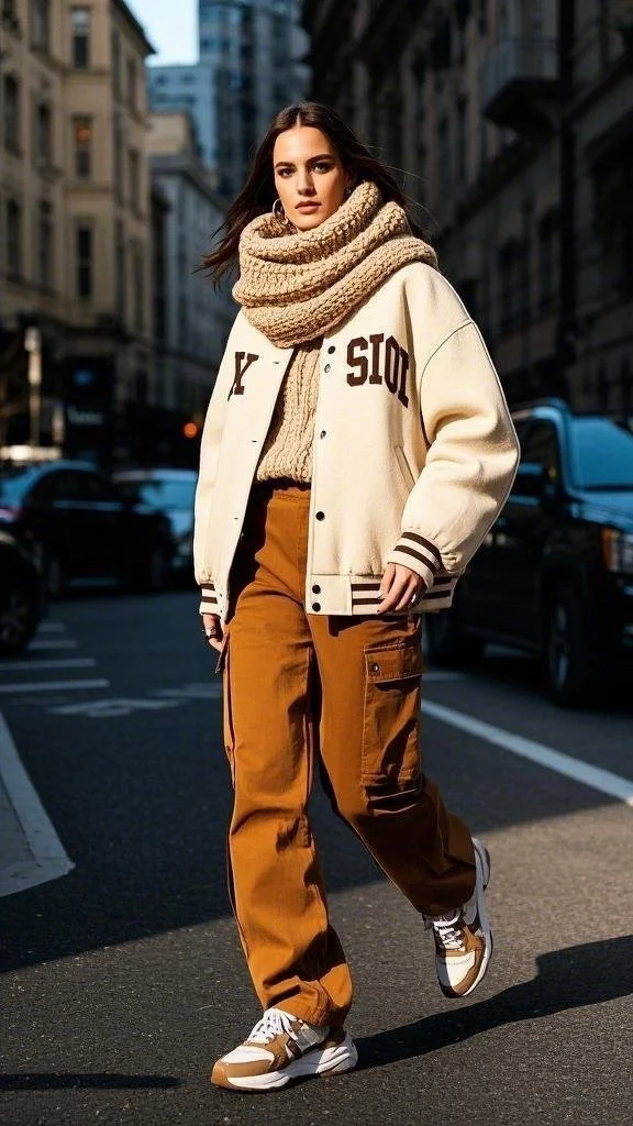 Street-Style Sophistication with a Varsity Jacket and Cargo Pants