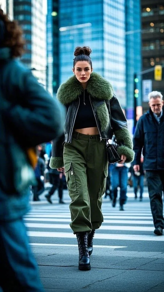 Edgy Street Style with a Fur-Trimmed Jacket and Cargo Pants