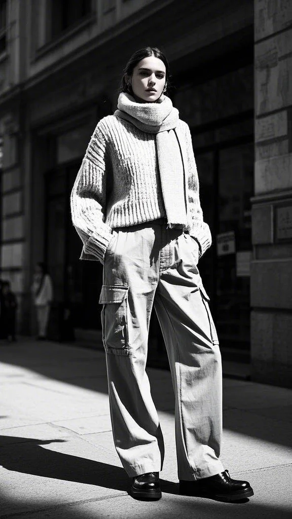 Wide-Leg Cargo Pants and Cozy Knit Layers