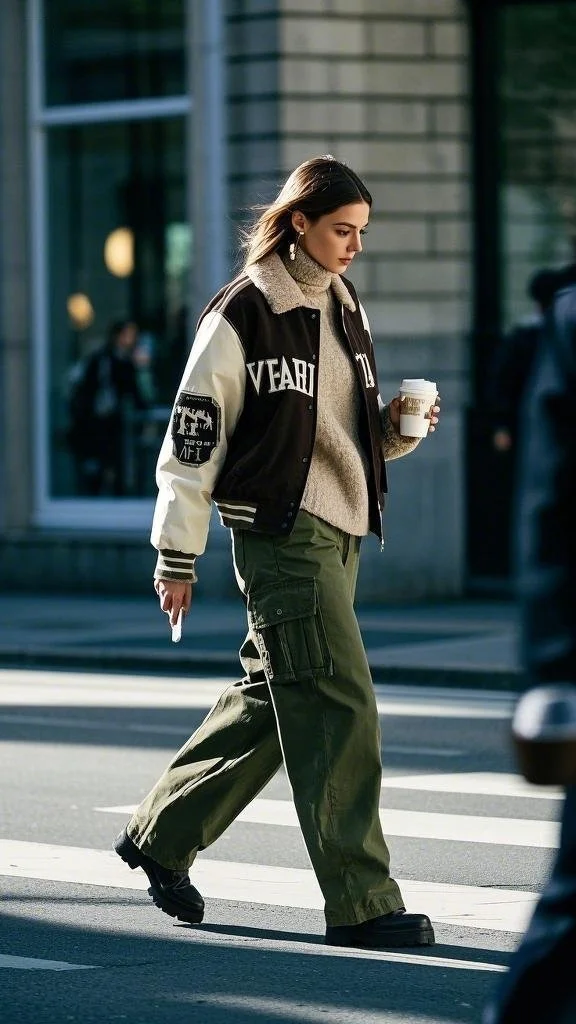 Green Cargo Pants with a Varsity Jacket