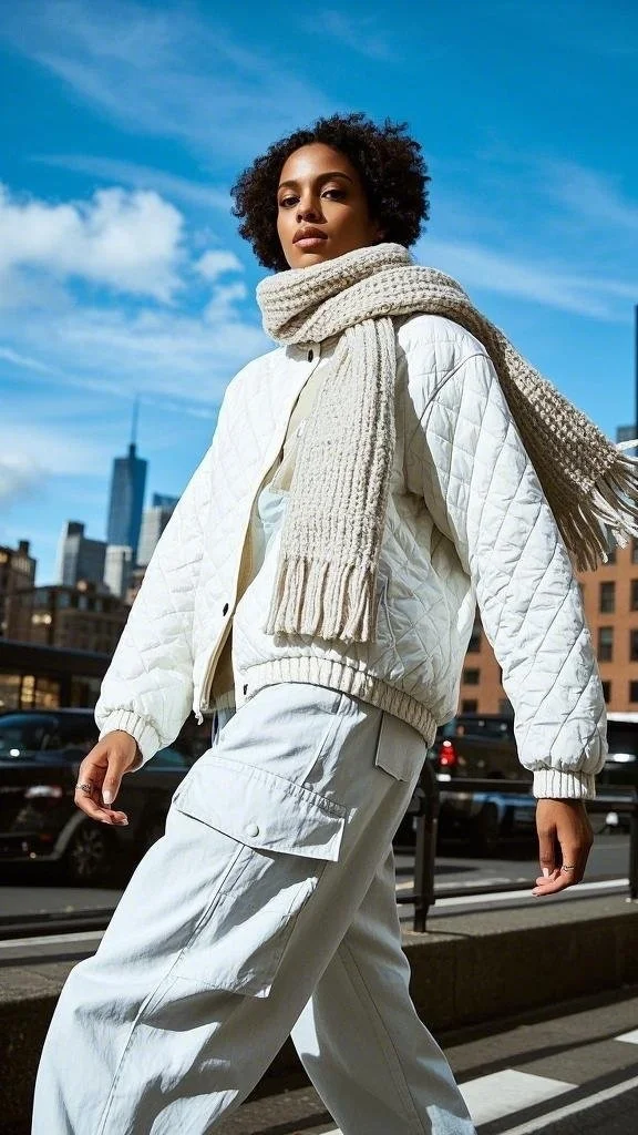 Quilted Jacket with White Cargo Pants