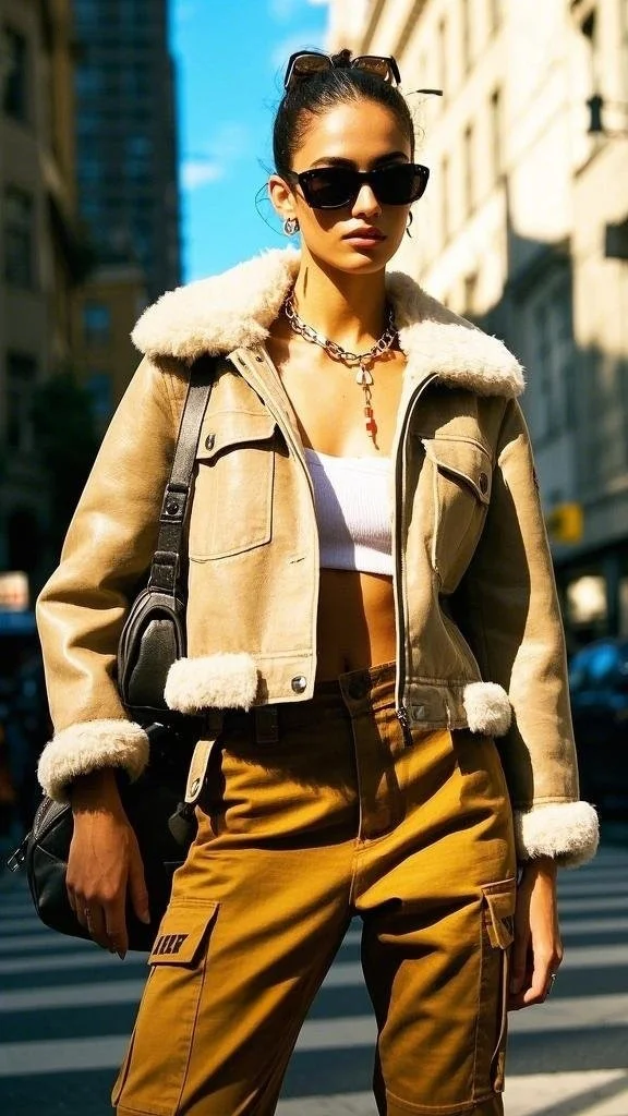 Shearling Jacket with Mustard Cargo Pants