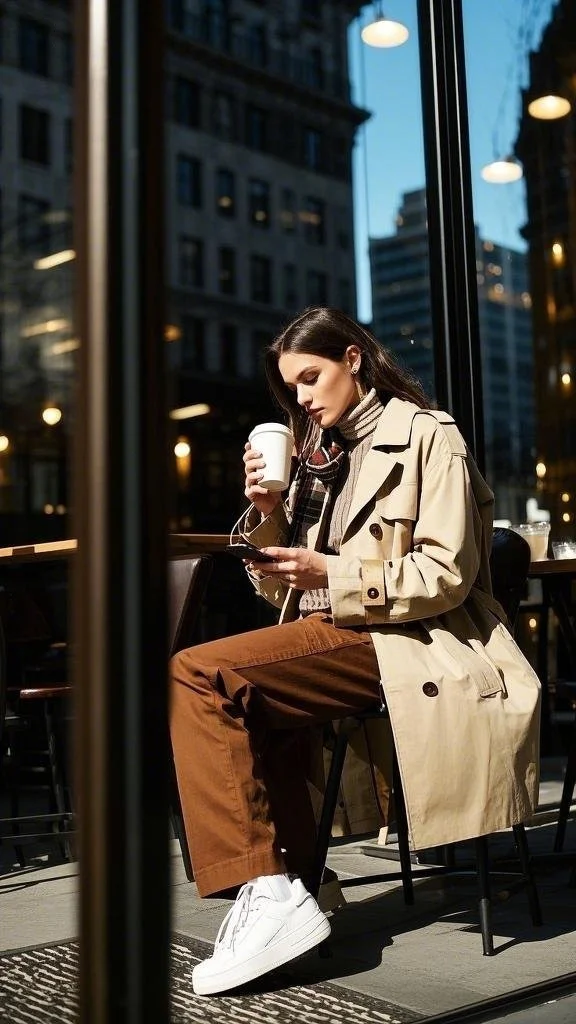 Trench Coat with Brown Cargo Pants and Sneakers