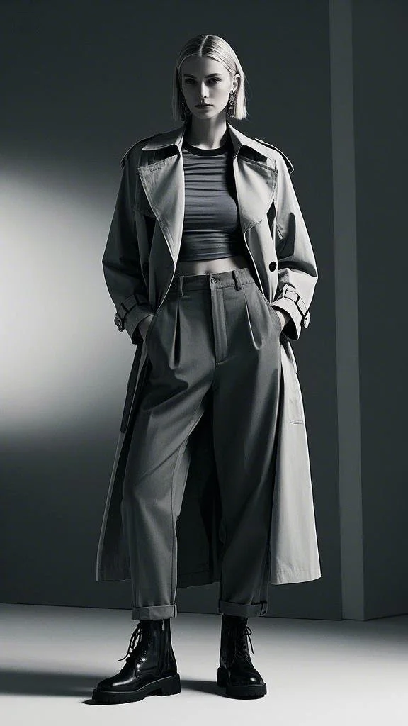 Edgy Urban Appeal: Wide-Leg Pants + Combat Boots + Trench Coat