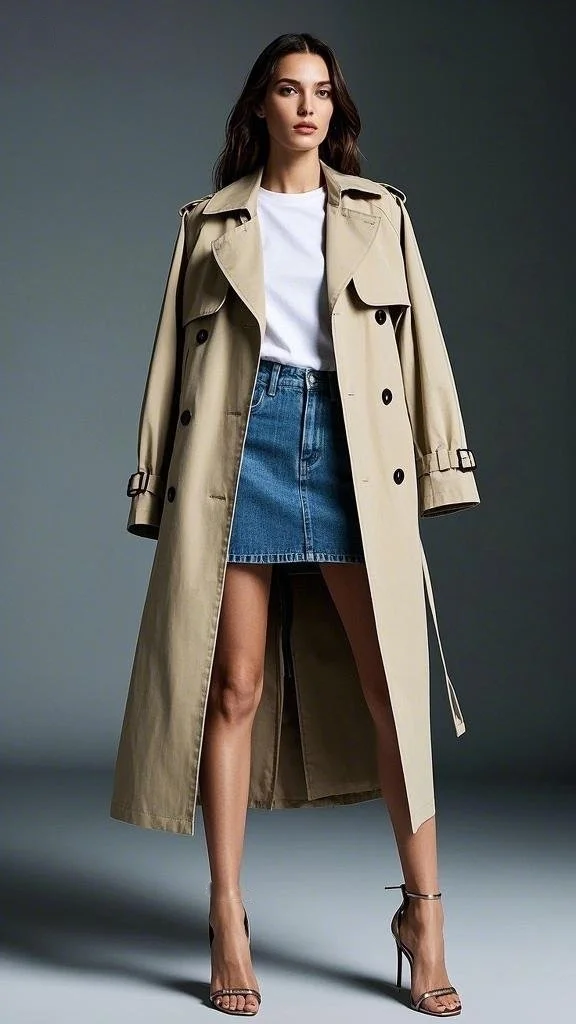 Effortless Street Style: Trench Coat + Denim Skirt + White Tee