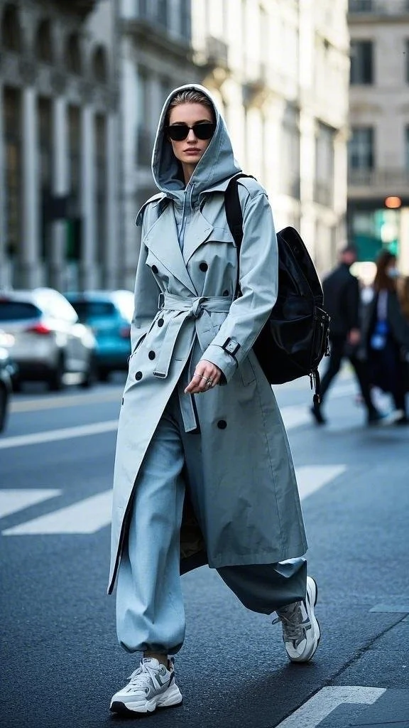 Sporty Chic: Trench Coat + Joggers + Sneakers