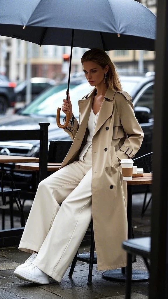 Rainy Day Elegance: Wide-Leg Pants + Sneakers + Trench Coat