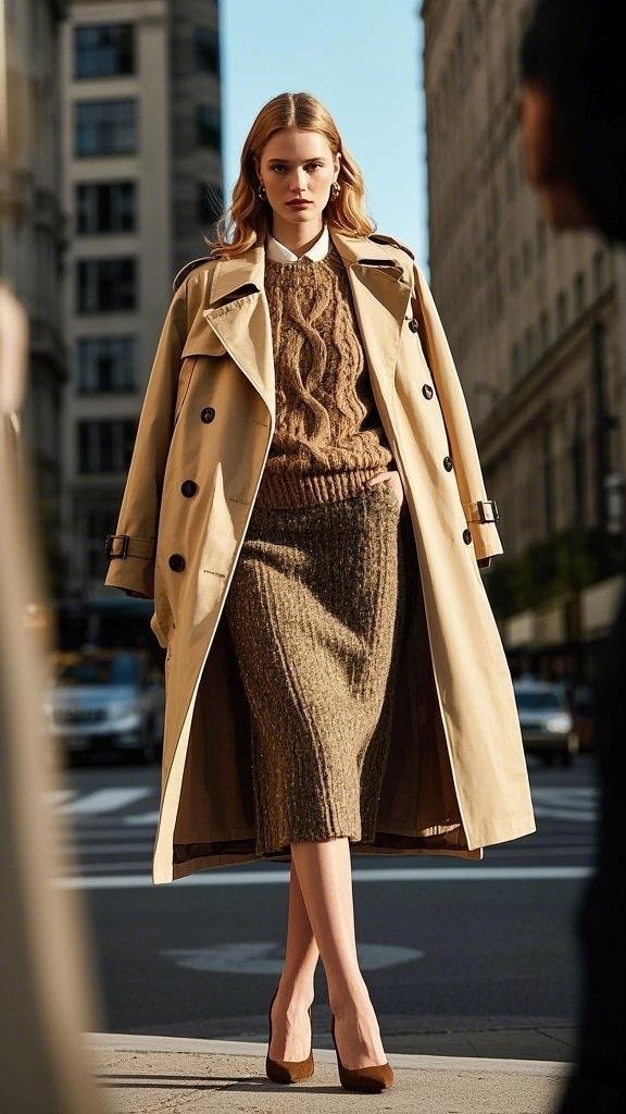 Classic Elegance: Layering a Trench Coat + Cable-Knit Sweater + Pencil Skirt + Brown Heels