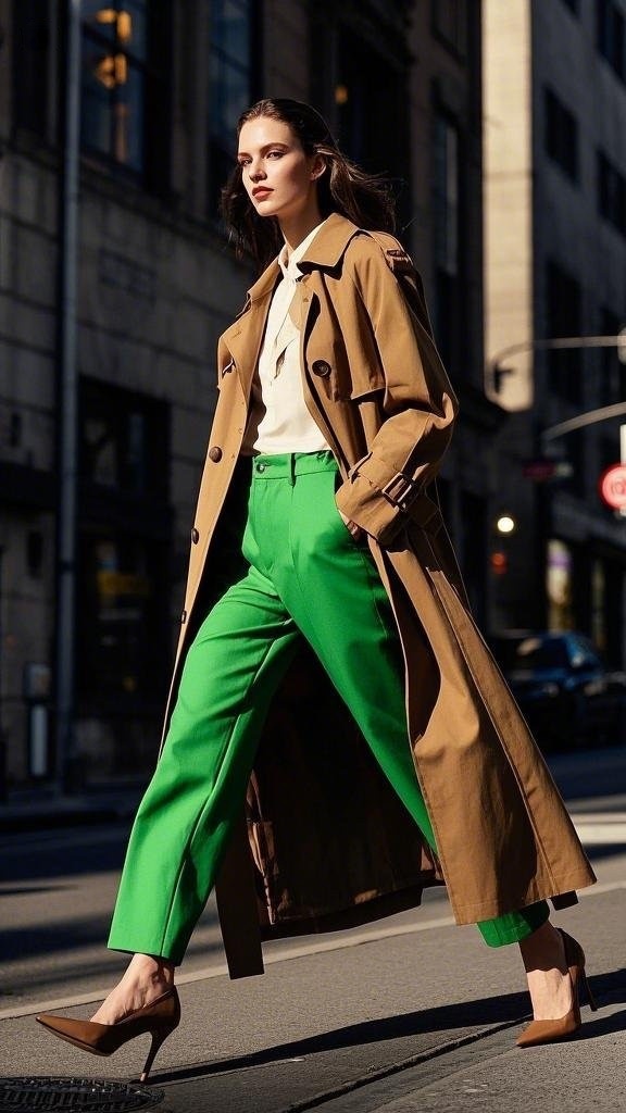 Bold and Vibrant: Tan Trench Coat Styled + Emerald Green Tailored Trousers + Pointed-Toe Heels