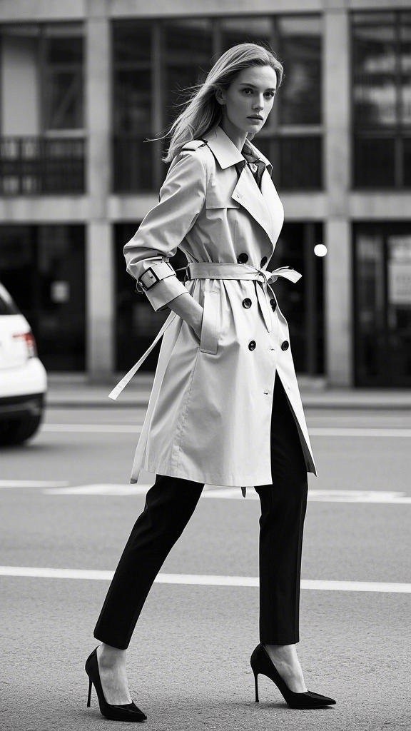 Monochrome Power Dressing: Belted Trench Coat + Slim Black Trousers + Stiletto Heels