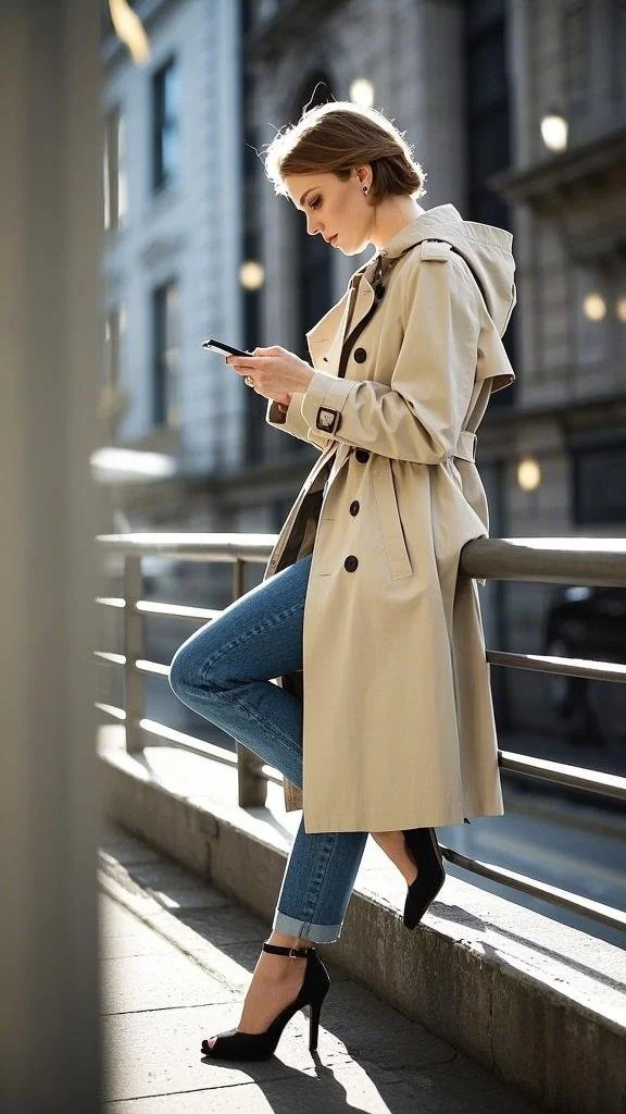 Relaxed Urban Style: A Trench Coat Over Cuffed Denim + Classic Black Heels