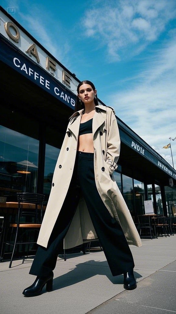 Minimalist Edge: Oversized Trench Coat + Black Crop Top + Wide-Leg Trousers + High Heels