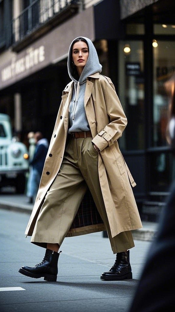 Sporty Luxe: Trench Coat + Hoodie + Relaxed Pants + Combat Boots