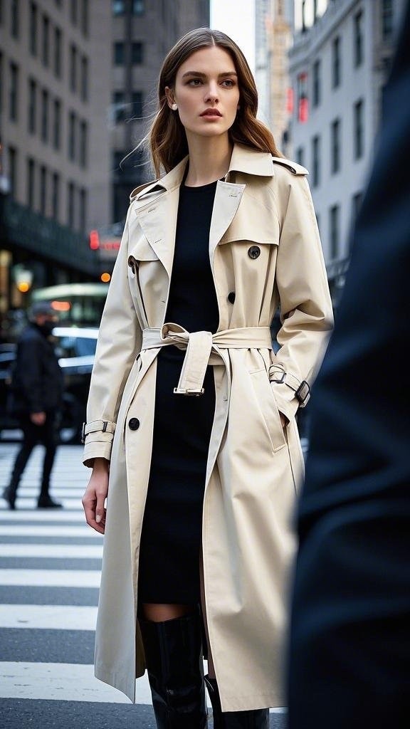 City Sleek: Belted Trench Coat + Black Dress + Knee-High Boots