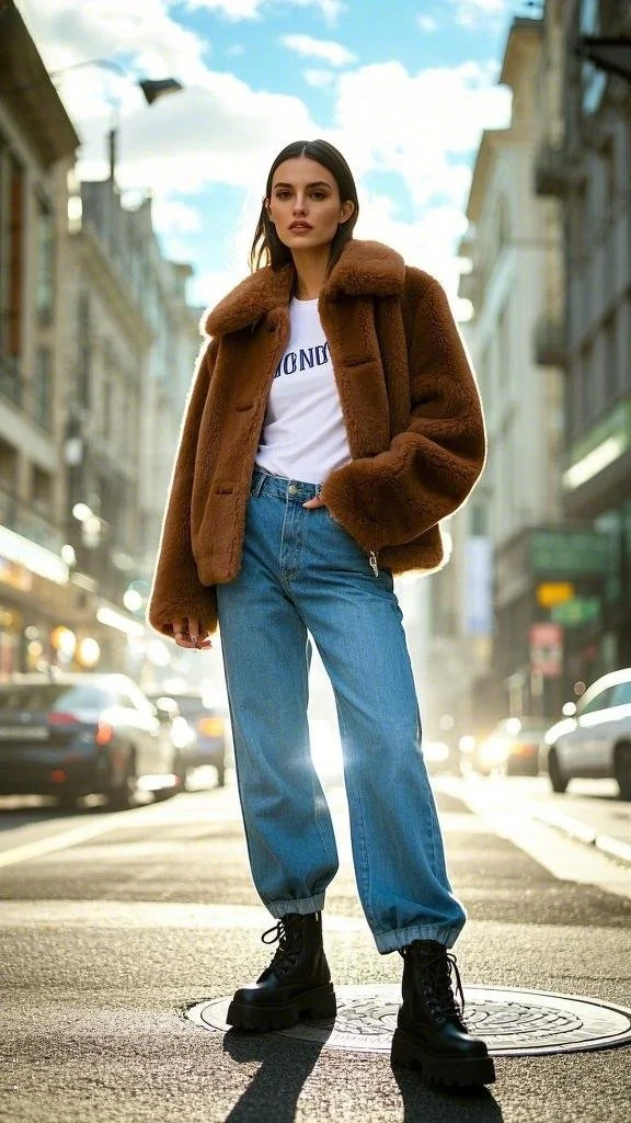 Chic Brown Shearling Coat + White Tee + Casual Denim + Combat Boots