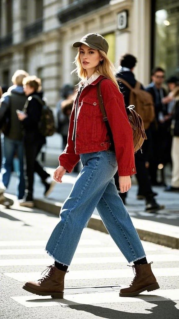 Playful Red Denim Jacket + Classic Blue Jeans + Brown Lace-Up Boots