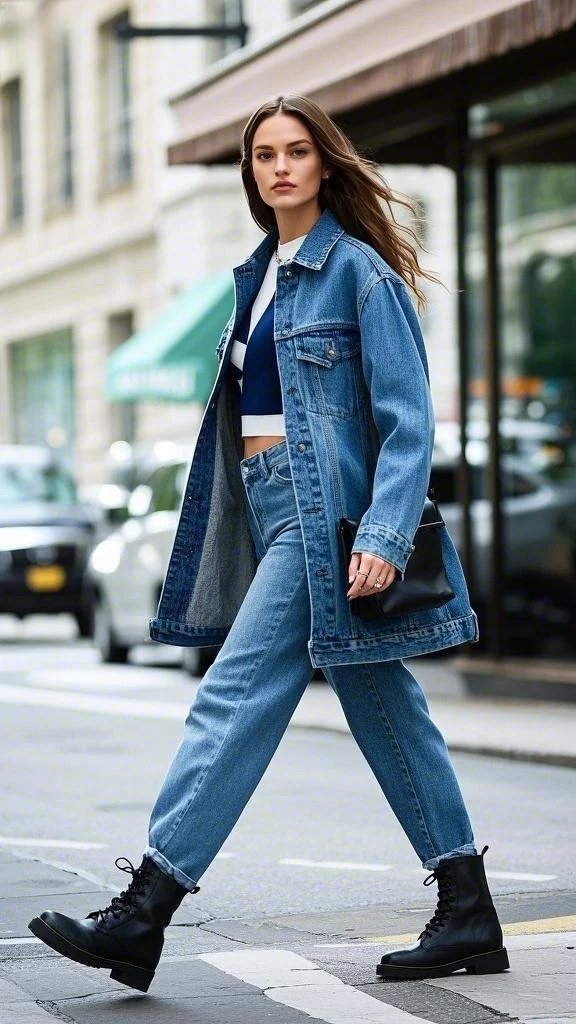 Oversized Denim Jacket + Crop Top + High-Waisted Jeans + Bold Boots